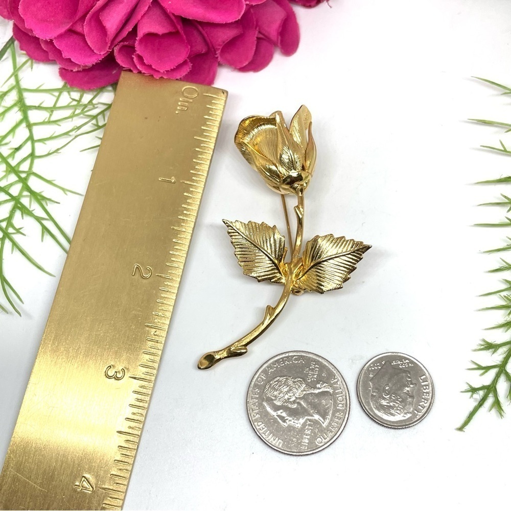 VINTAGE⚜️Blooming Stemmed Rose Golden Brooch - Picture 6 of 6